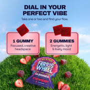 Ferris Wheel Strawberry graphic comparing one gummy for focus and creativity with two for an energetic mood.