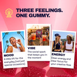 Ferris Wheel Strawberry gummies graphic with lifestyle photos highlighting mood, social connection, and energy.