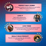 Four customer testimonials about Ferris Wheel Strawberry gummies, discussing flavor, daily use, and creative flow.