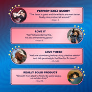 Four customer testimonials about Ferris Wheel Strawberry gummies, discussing flavor, daily use, and creative flow.