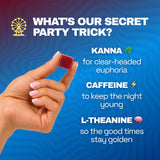 Hand holding a red Strawberry gummy beside Ferris Wheel ingredient callouts for kanna, caffeine, and L-theanine.