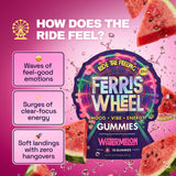 Ferris Wheel Watermelon gummies graphic advertising feel-good emotions, focused energy, and zero hangovers.