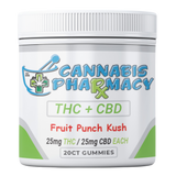 Front label of Cannabis Pharmacy Fruit Punch Kush D9 Gummies jar, showing 25mg THC and 25mg CBD per gummy.