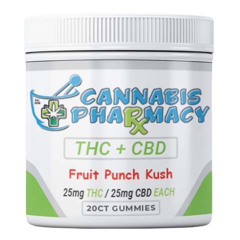 Cannabis Pharmacy 1:1 Delta-9 THC Gummies | 25mg THC & 25mg CBD - Fruit Punch Kush - 20ct