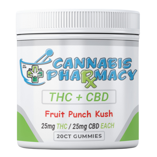 Front label of Cannabis Pharmacy Fruit Punch Kush D9 Gummies jar, showing 25mg THC and 25mg CBD per gummy.
