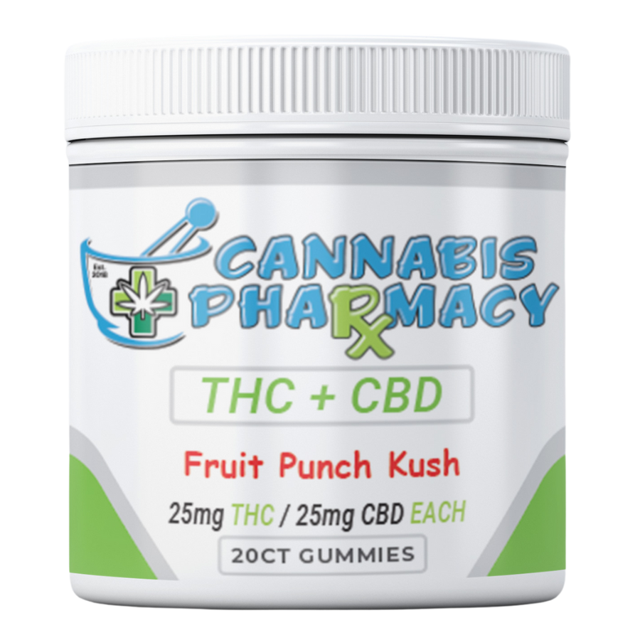Front label of Cannabis Pharmacy Fruit Punch Kush D9 Gummies jar, showing 25mg THC and 25mg CBD per gummy.