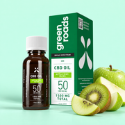 Green Roads Apple Kiwi Bliss CBD oil, 1500mg, 30mL bottle and box with apple and kiwi on a mint-green background.