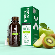 Green Roads Apple Kiwi Bliss CBD oil, 750mg, 30mL bottle and box with apple and kiwi on a mint-green background.