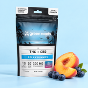 Green Roads Peach Berry THC + CBD gummies, 10-count pouch with peach and blueberries on a pale blue background.