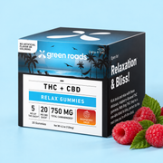 Green Roads Raspberry Haze THC + CBD gummies, 30-count box with raspberries on a pale blue background.
