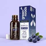 Green Roads Sweet Sleep oil with melatonin, 750mg, 30mL bottle and box with blueberries on a lavender background.