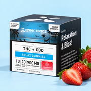 Green Roads Strawberry Sunset THC + CBD gummies, 30-count box with strawberries on a pale blue background.