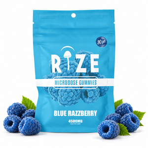 Rize 4500mg Blue Razzberry, 30pc gummy pouch with blue raspberries on a white background.
