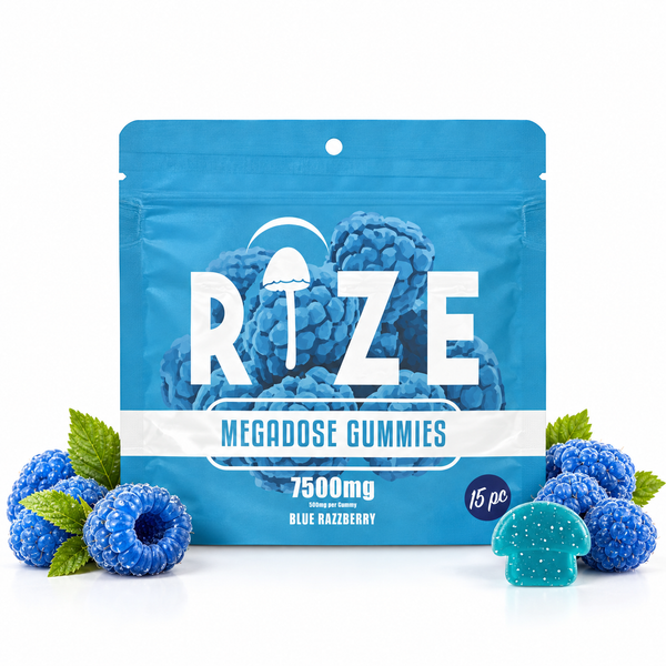 Rize 7500mg Blue Razzberry, 15pc gummy pouch with blue raspberries on a white background.