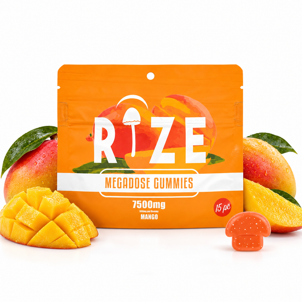 Rize 7500mg Mango, 15pc gummy pouch with mango fruit and slices on a white background.