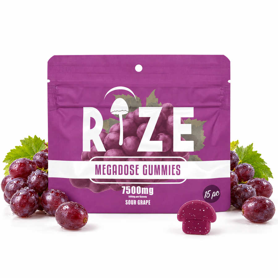 Rize 7500mg Sour Grape, 15pc gummy pouch with purple grapes on a white background.