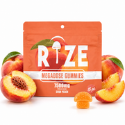 Rize 7500mg Sour Peach, 15pc gummy pouch with peaches and slices on a white background.