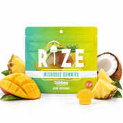 Rize 7500mg Sour Tropicana, 15pc gummy pouch with pineapple, mango and coconut on a white background.