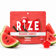Rize 7500mg Watermelon, 15pc gummy pouch with watermelon wedges on a white background.