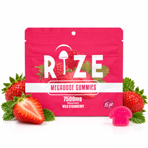 Rize 7500mg Wild Strawberry, 15pc gummy pouch with strawberries on a white background.