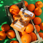 Road Trip Microdosed Mushroom Gummies — an orange gummy pouch with fresh oranges.