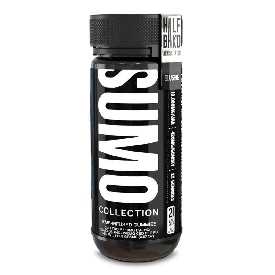 Tall black jar of Half Bak’d Slushie Sumo Gummies with vertical “SUMO” branding and a silver-accented label that reads 10,000mg per jar, 25ct. The white-on-black label features cannabinoid info like 25mg THCP and 10mg D9 per gummy.