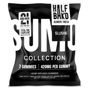 Front pouch of Half Bak’d Slushie Sumo Gummies – 2ct hemp edibles with 420mg per gummy
