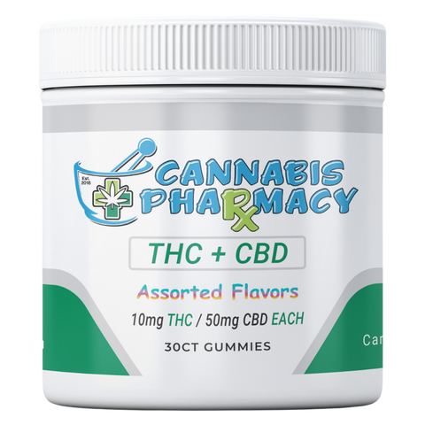 Cannabis Pharmacy THC Blend CBD Gummies | 50mg CBD + 10mg Delta 9 THC - Assorted Flavors - 30ct