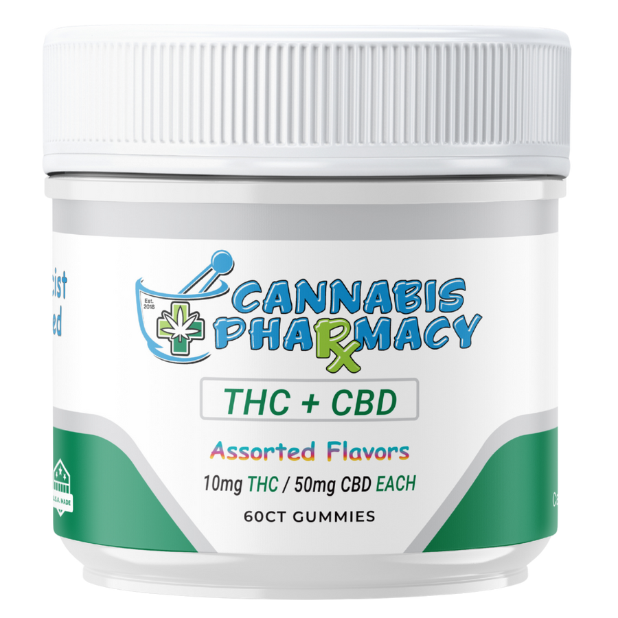 Cannabis Pharmacy THC Blend CBD Gummies | 50mg CBD + 10mg Delta 9 THC – Assorted Flavors – 60ct