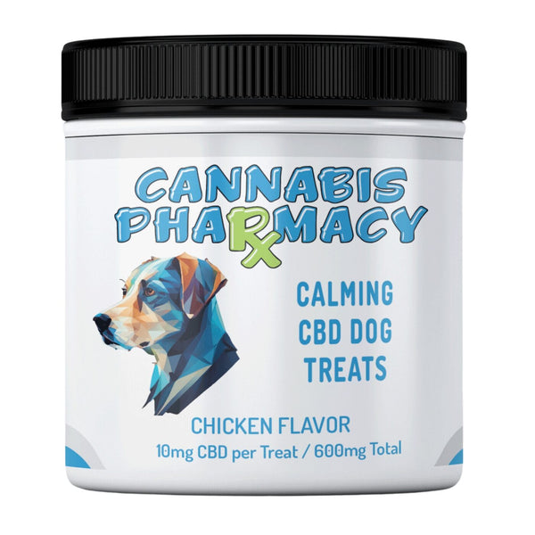 Jar of Cannabis Pharmacy Calming CBD Dog Treats in chicken flavor labeled with 10mg CBD per treat and 600mg total
