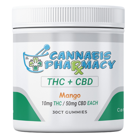 Cannabis Pharmacy THC Blend CBD Gummies | 50mg CBD + 10mg Delta 9 THC - Mango - 30ct
