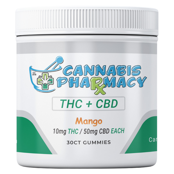 Front packaging of Mango CBD Gummies with THC showing 100mg CBD and 10mg Delta-9 THC per gummy, 30 count, and full spectrum gummy formula.