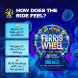 Ferris Wheel Blue Razz tablets graphic advertising feel-good emotions, focused energy, and zero hangovers.