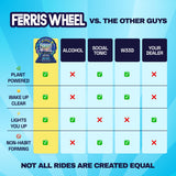 Ferris Wheel Blue Razz comparison chart with alcohol, social tonics, cannabis, and a dealer across advertised features.