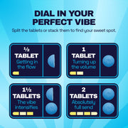 Ferris Wheel Blue Razz graphic showing half, one, one and a half, and two tablets with advertised intensity levels.