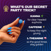 Hand with blue nails holding a Blue Razz tablet beside ingredient callouts for kanna, caffeine, and L-theanine.