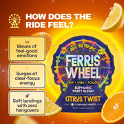 Ferris Wheel Juicy Apple tablets graphic advertising feel-good emotions, focused energy, and zero hangovers.