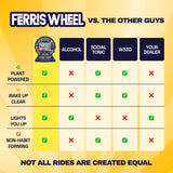 Ferris Wheel Juicy Apple comparison chart with alcohol, social tonics, cannabis, and a dealer across advertised features.