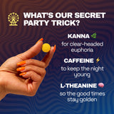 Hand with green nails holding a Juicy Apple tablet beside ingredient callouts for kanna, caffeine, and L-theanine.