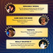 Four customer testimonials about Ferris Wheel Juicy Apple tablets, discussing date nights, gatherings, and nights out.