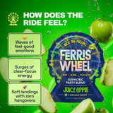 Ferris Wheel Juicy Apple tablets graphic advertising feel-good emotions, focused energy, and zero hangovers.