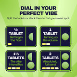 Ferris Wheel Juicy Apple graphic showing half, one, one and a half, and two tablets with advertised intensity levels.