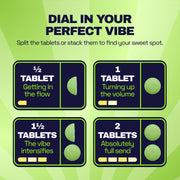 Ferris Wheel Juicy Apple graphic showing half, one, one and a half, and two tablets with advertised intensity levels.