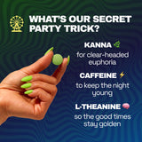Hand with green nails holding a Juicy Apple tablet beside ingredient callouts for kanna, caffeine, and L-theanine.