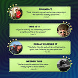 Four customer testimonials about Ferris Wheel Juicy Apple tablets, discussing date nights, gatherings, and nights out.