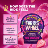 Ferris Wheel Pink Stardust tablets graphic advertising feel-good emotions, focused energy, and zero hangovers.