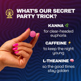 Hand with pink nails holding a Pink Stardust tablet beside ingredient callouts for kanna, caffeine, and L-theanine.