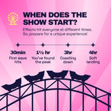 Ferris Wheel advertised effects timeline: onset at 30 minutes, peak at 1.5 hours, coasting at 3 hours, landing at 4 hours.