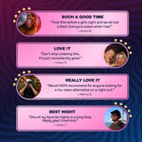 Four customer testimonials about Ferris Wheel Pink Stardust tablets, discussing nights out and repeat purchases.