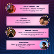 Four customer testimonials about Ferris Wheel Pink Stardust tablets, discussing nights out and repeat purchases.
